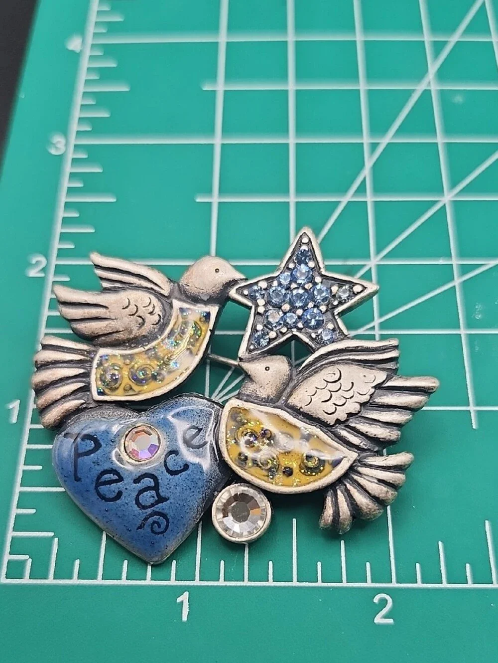 Dove Heart and Star Brooch with Blue Heart and Yellow Details